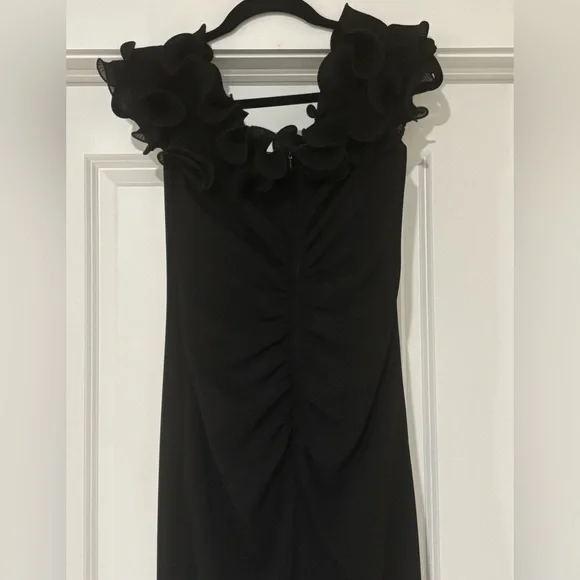 Xscape Evenings Wire Trim Off the Shoulder Black Sheath Dress - Picture 7 of 9